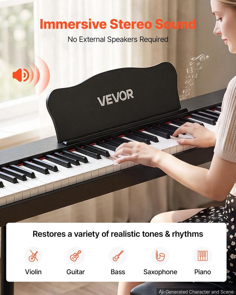 Digital Piano 88 Keys Semi Weighted Full Size Keyboard Stand Black, for Beginners, 600 Tones, 600 Rhythms, Electric Piano, with Sustain Pedal,