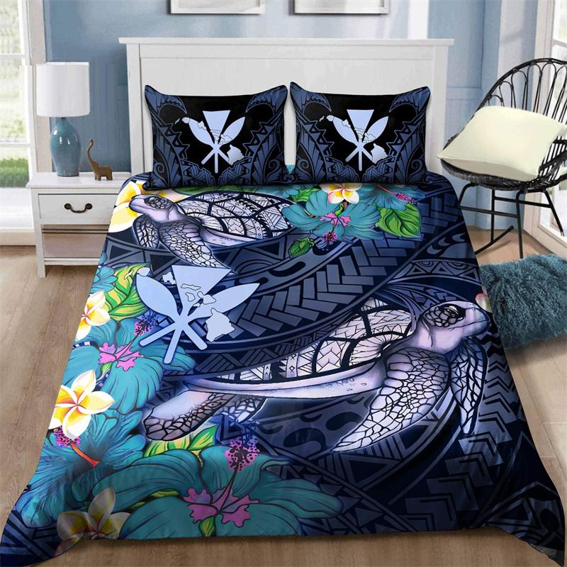 Hibiscus Floral Duvet Cover Tribal Polynesian Turtle Bedding Set Hawaiian Polyester Comforter Cover King Size For Kid Adult Teen