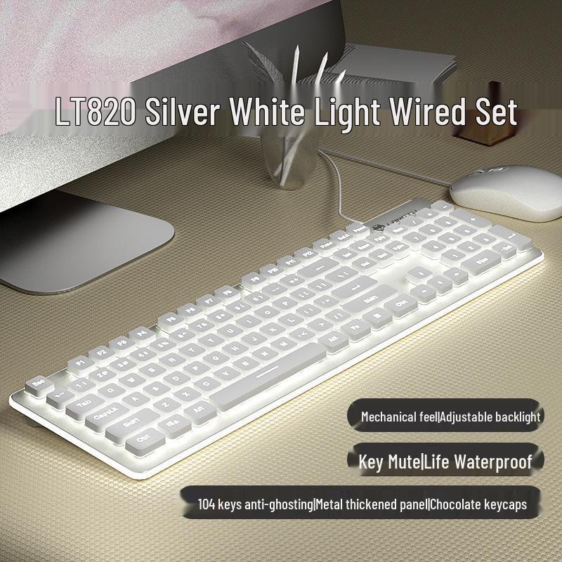 Ultra-Quiet Illuminated Mechanical Feel Wired Keyboard & Wireless Mouse Set for Office & Tablet Use