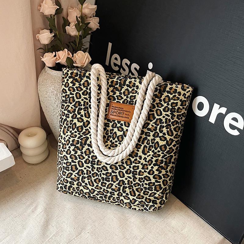 Canvas Bucket Bag With Leopard Print And Geometric Pattern For Urban Women Daily Use
