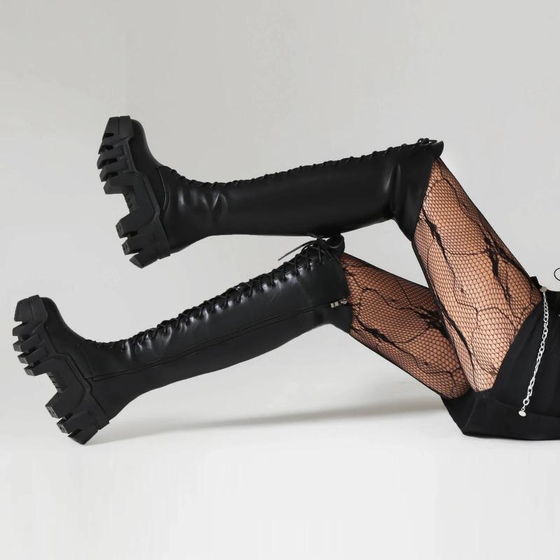 Fashion Platform Super High Increase And Shiny Patent Leather Women's Over The Knee Boots Cross Lace Up Side Zipper Punk Boots