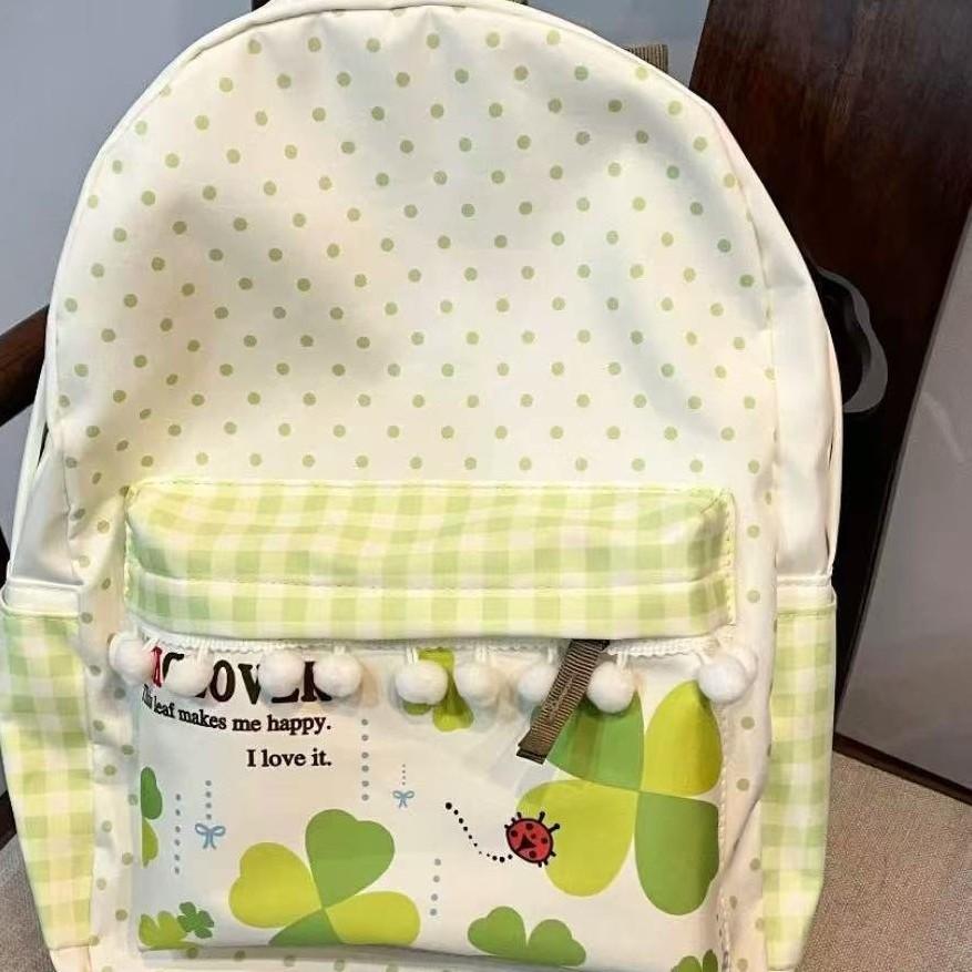 SchoolbagWTAII Sweet and cute four-leaf clover polka dot small pom-pom polka dot fresh green large capacity student backpack