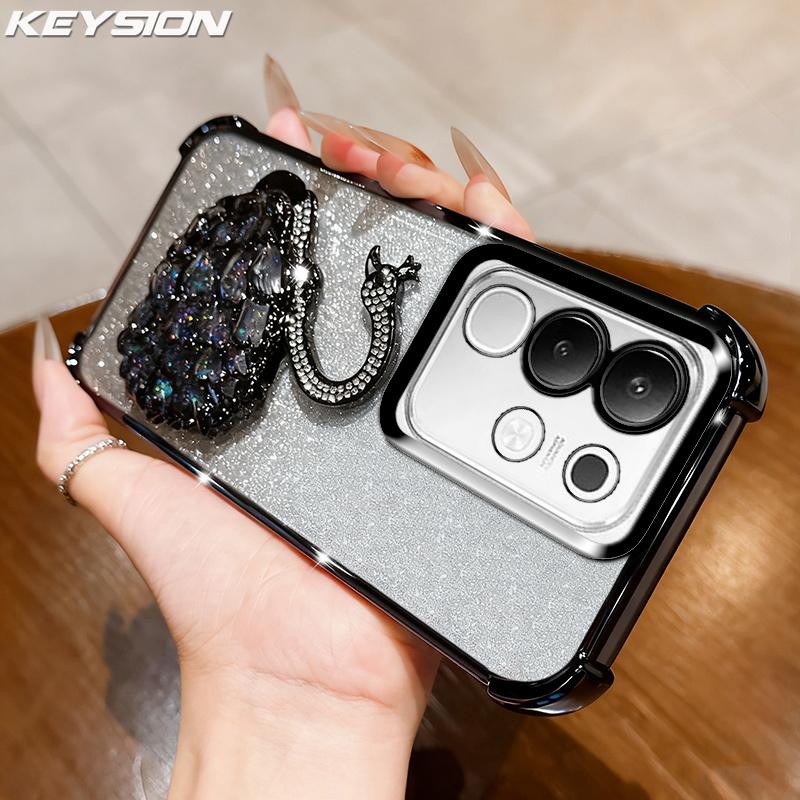 KEYSION Shockproof Plating Phone Case for VIVO Y29 4G Clear Soft TPU Glitter Jewelled Swan Kickstand Back Cover for IQOO Z10X 5G