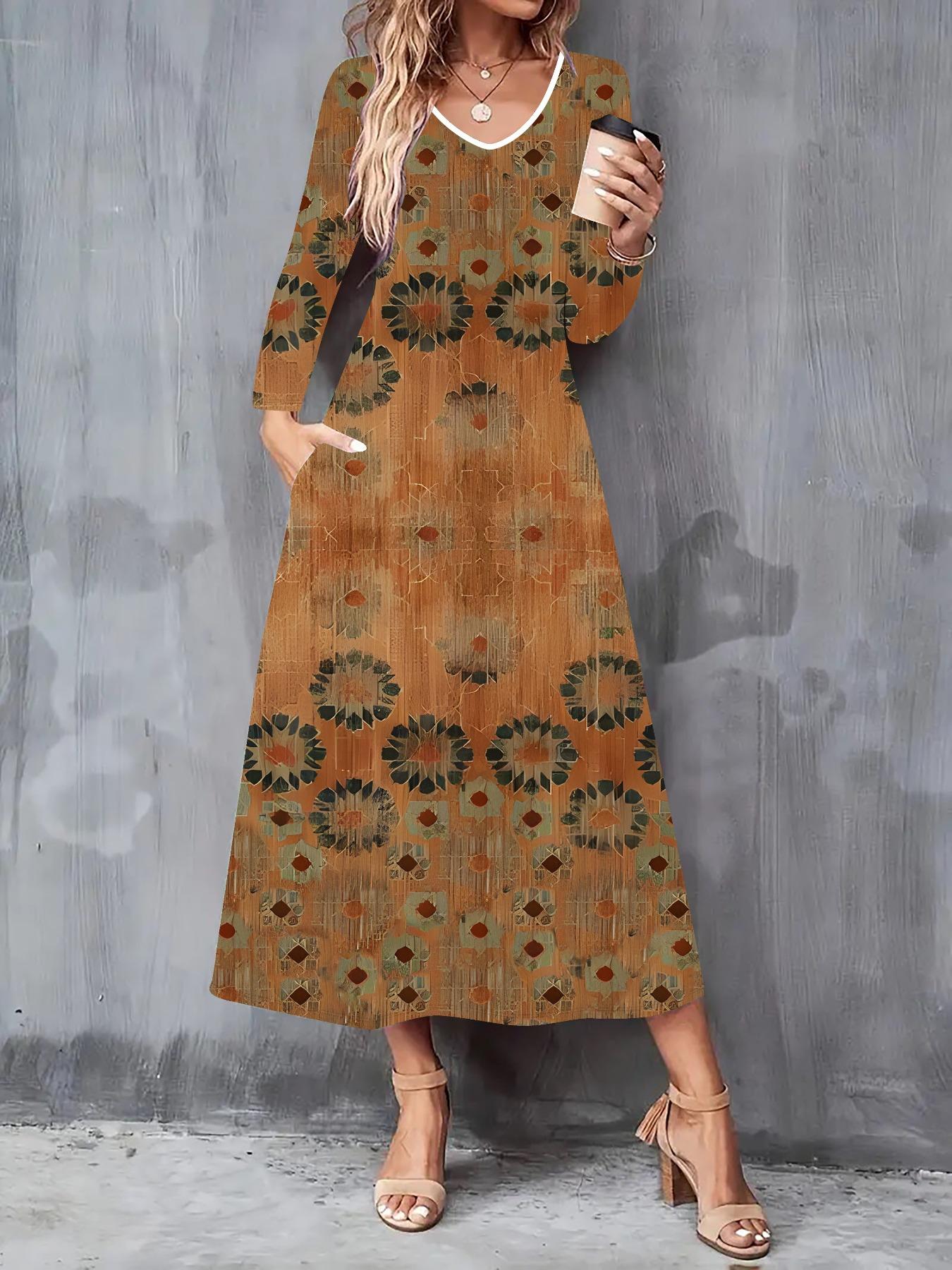 

2025 Осень и Зима Новое Женское Повседневное Модное Платье 3D Ретро Принт Тотем Длинный Рукав V-образный Вырез А-силуэт Платья XXL оранжевый