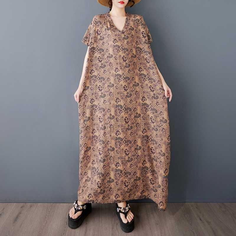 Large Size Floral Dress, Retro Long Robe for Ladies