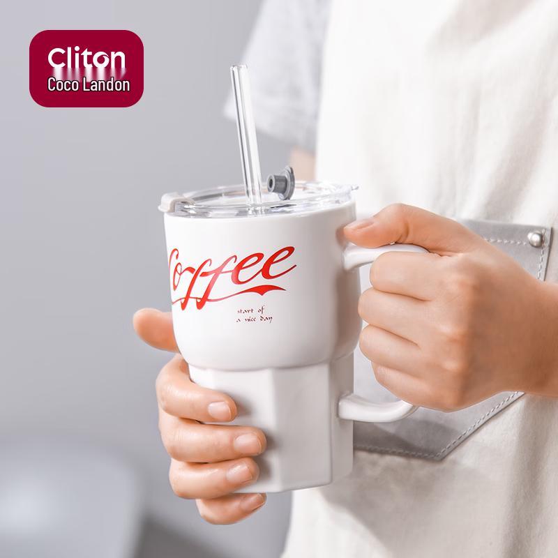 CLITON Ceramic Coffee Mug with Lid and Straw