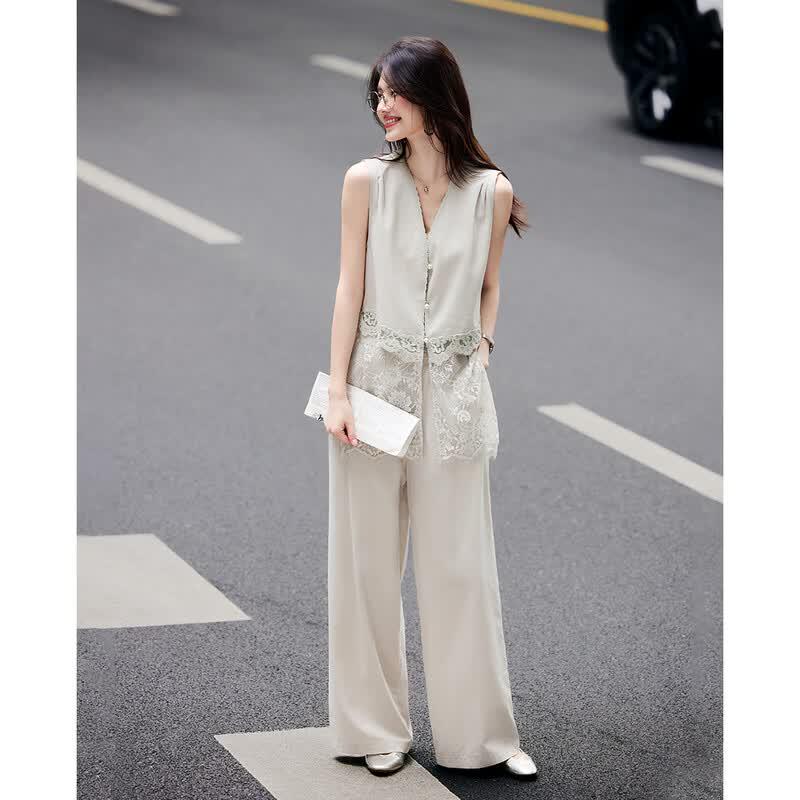 TERRE BLEUE Elegant Lace Patchwork Sleeveless Two-Piece Set