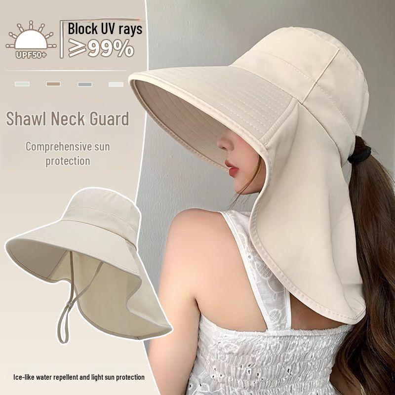 Damen-Sommerhut mit breiter Krempe und UV-Schutz, mit Halstuch und Pferdeschwanz-Bindung