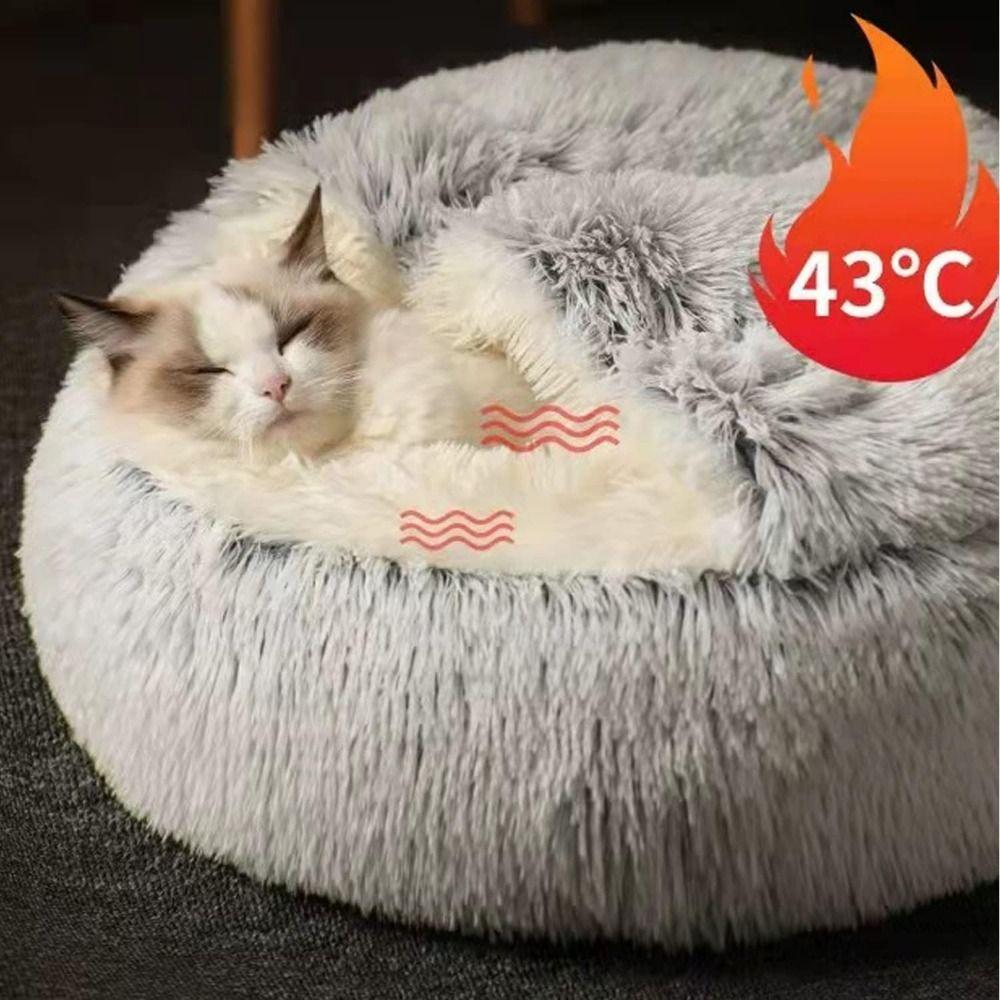 Round Puppy Bed Fluffy Plush Hooded Dog Tent Waterproof Cat Bed Cave  Snooze