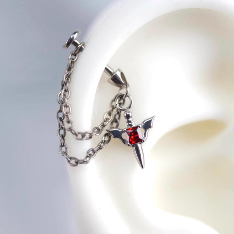 Red Zircon Wing Chain Piercing Earring For Women Men Gothic Silver Color Rivet Ear Bone Nail Earring Y2K Jewelry Accessories