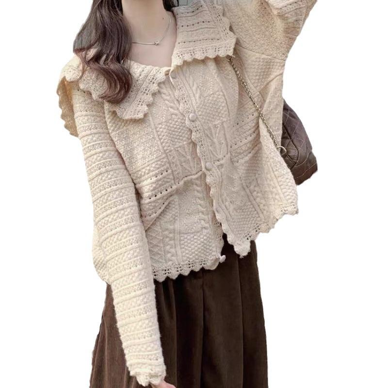 Autumn New Sweater Korean Version Loose Temperament Versatile Navy Collar Sweet Hollow Knitted Cardigan Jacket Top Women