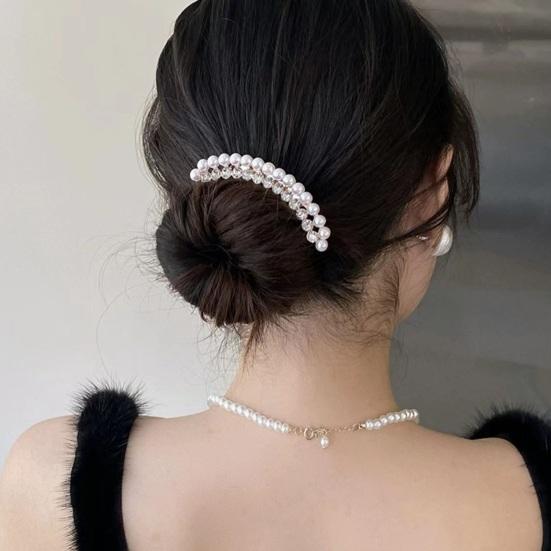 Elegant Faux Pearls Rhinestone Hair Comb Simple Women Bride Golden Simple Decor Hair Stick Wedding Birthday Hair Accessories