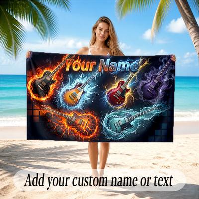 Music Guitar Theme Beach Towel Personalized Custom Name & Text Soft Quick Dry Beach Towel for Swimming Travel
