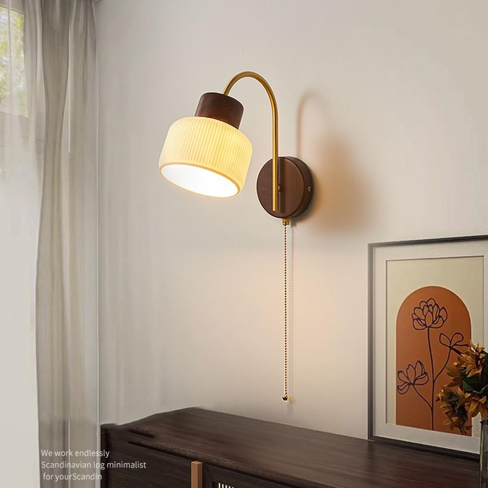 Mid-Century Modern Gold-Finish Wall Sconce with Pull-Chain Switch. Bedroom bedside sconce in creamy white glass and solid wood. Retro wall lamp