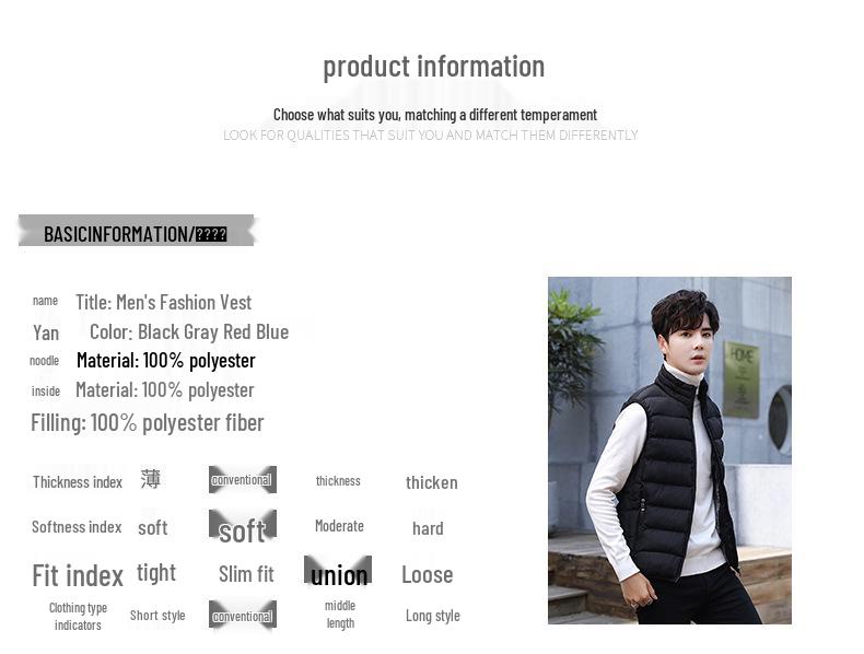 Men's Stand-up Collar Zipper Vest Jacket - Down Cotton, Plus Size, 2019.