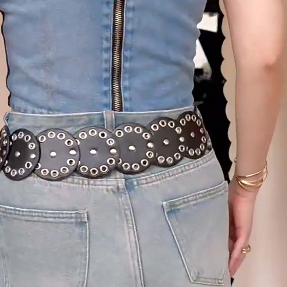 Y2k Disc PU Hollow Belt Retro Concho Waistband Fashion Rivet Wide Belt  Girls