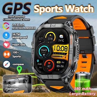 2026 New GPS Dual Frequency Six Stars Smart Watch LED Flashlight 2.13" AMOLED Screen 3ATM Waterproof Compass BT Call Smart Watch