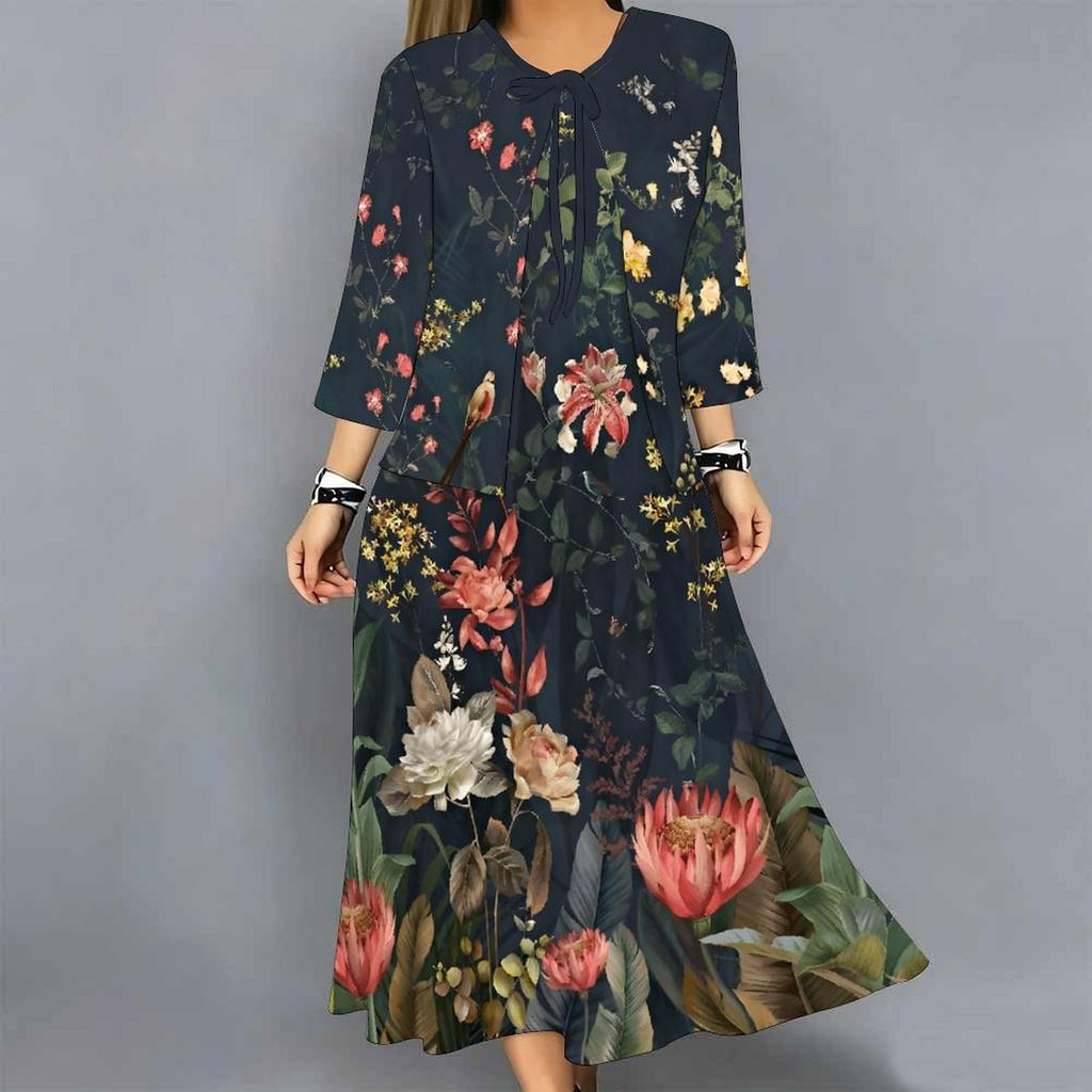 Oversized Ladies Two Piece Set Printed Slip Dress With Long Sleeve Open Front Cardigan