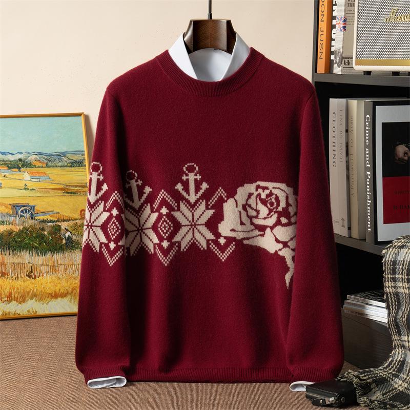 Men s Luxury Jacquard Cashmere Sweater – Winter Layer, Skin-Friendly, Round Neck, Business Casual. Medium
