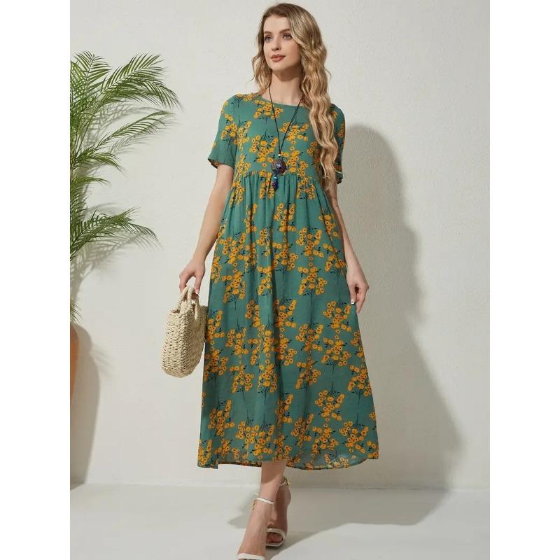 

Летние женские платья Темперамент Элегантный принт с короткими рукавами Модные платья-пуловеры XL зелёный