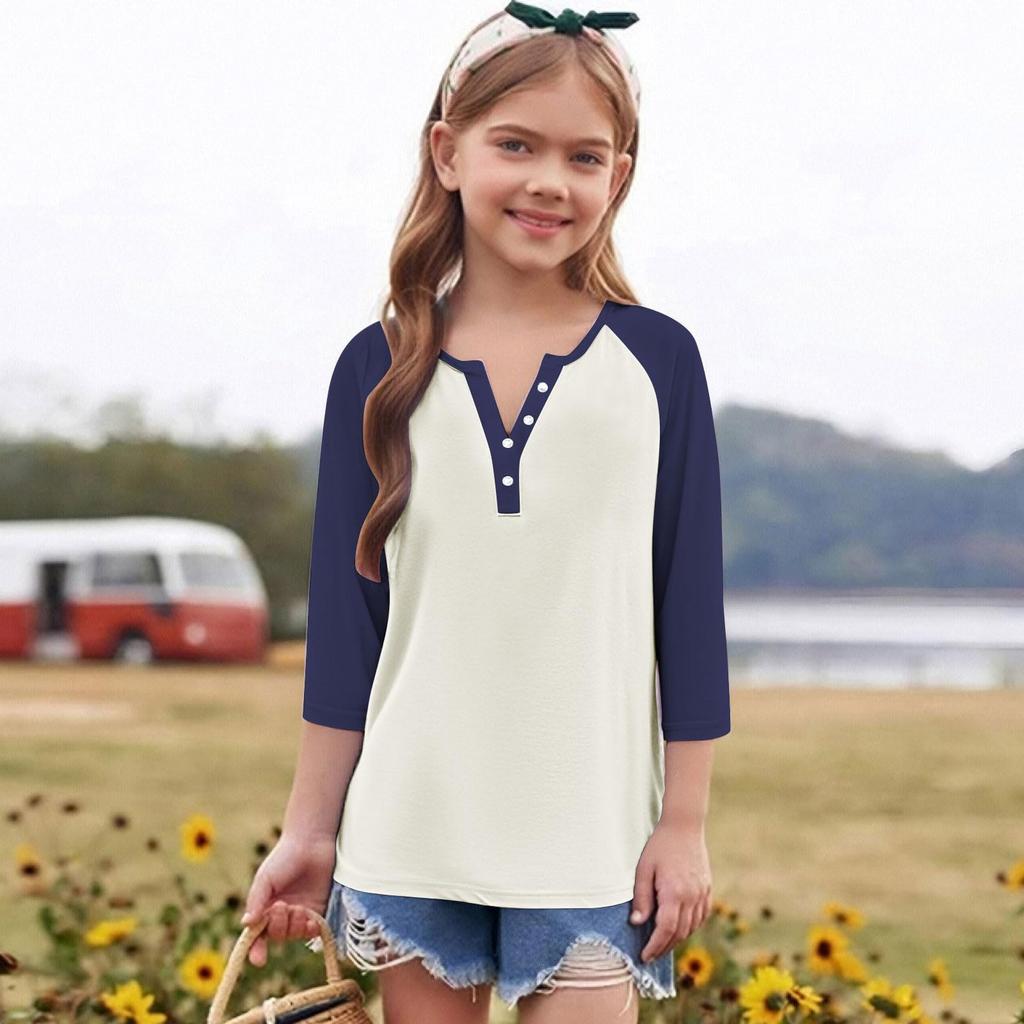 Print Tops For Youth Girls Round Neck 3/4 Sleeves T-Shirts Trendy Tops Outfit Tees