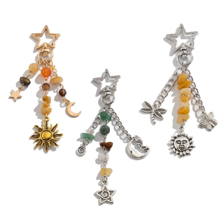 Fashionable Irregular Stone Keychain Colorful Beads Keyring with Stars Moon Sun Pendant Lightweight Key Accessory