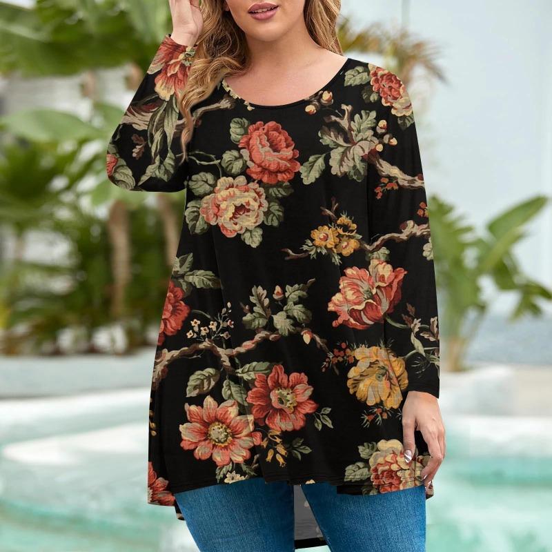 Moda pentru femei de marime mare, cu gât rotund, cu mâneci lungi, imprimeu lejer, cu pulover, tricouri pentru femei