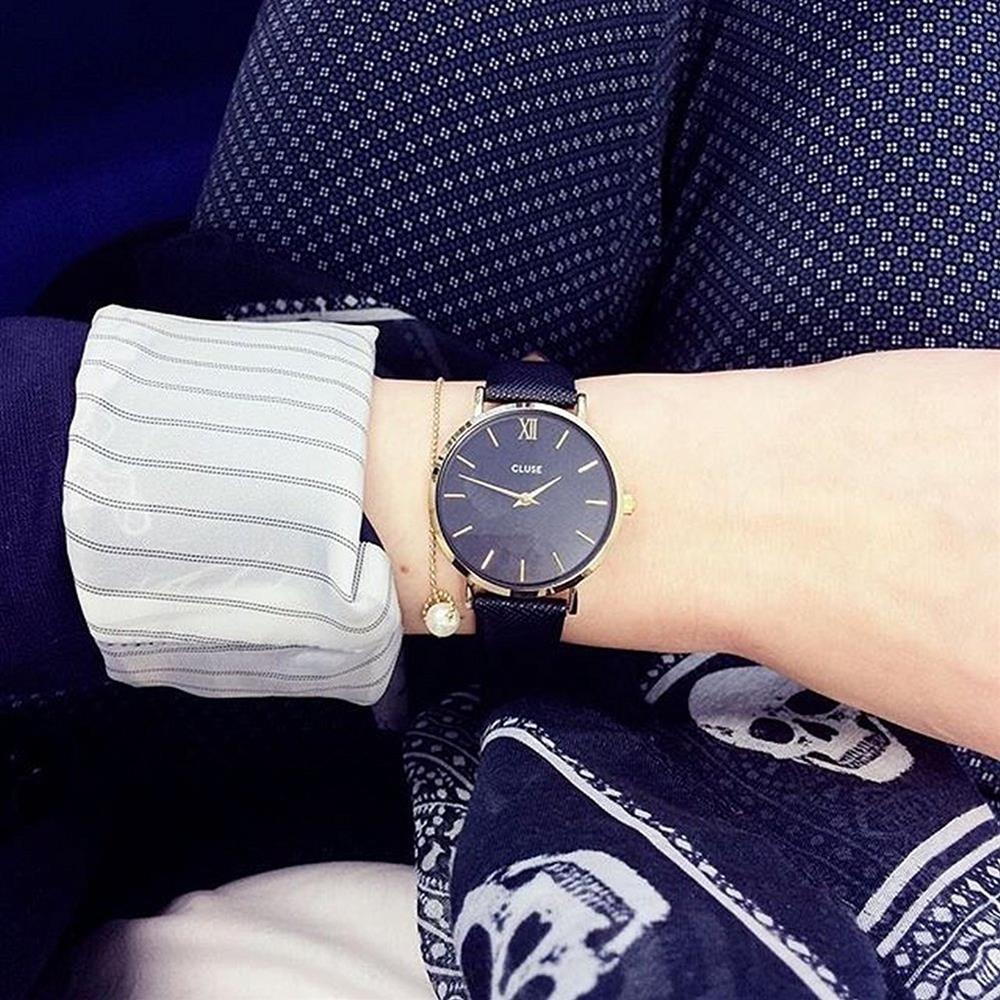 Cluse Ladies Minuit 33mm Blue Leather Band Metal Case Quartz Black Dial Analog Watch Cl30014