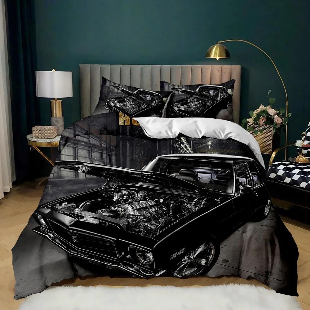 Race Car Duvet Cover Set King Queen Twin Size Red Flame Comforter Cover 3D Sport Car Theme For Boys Girl Polyester Bedding Set