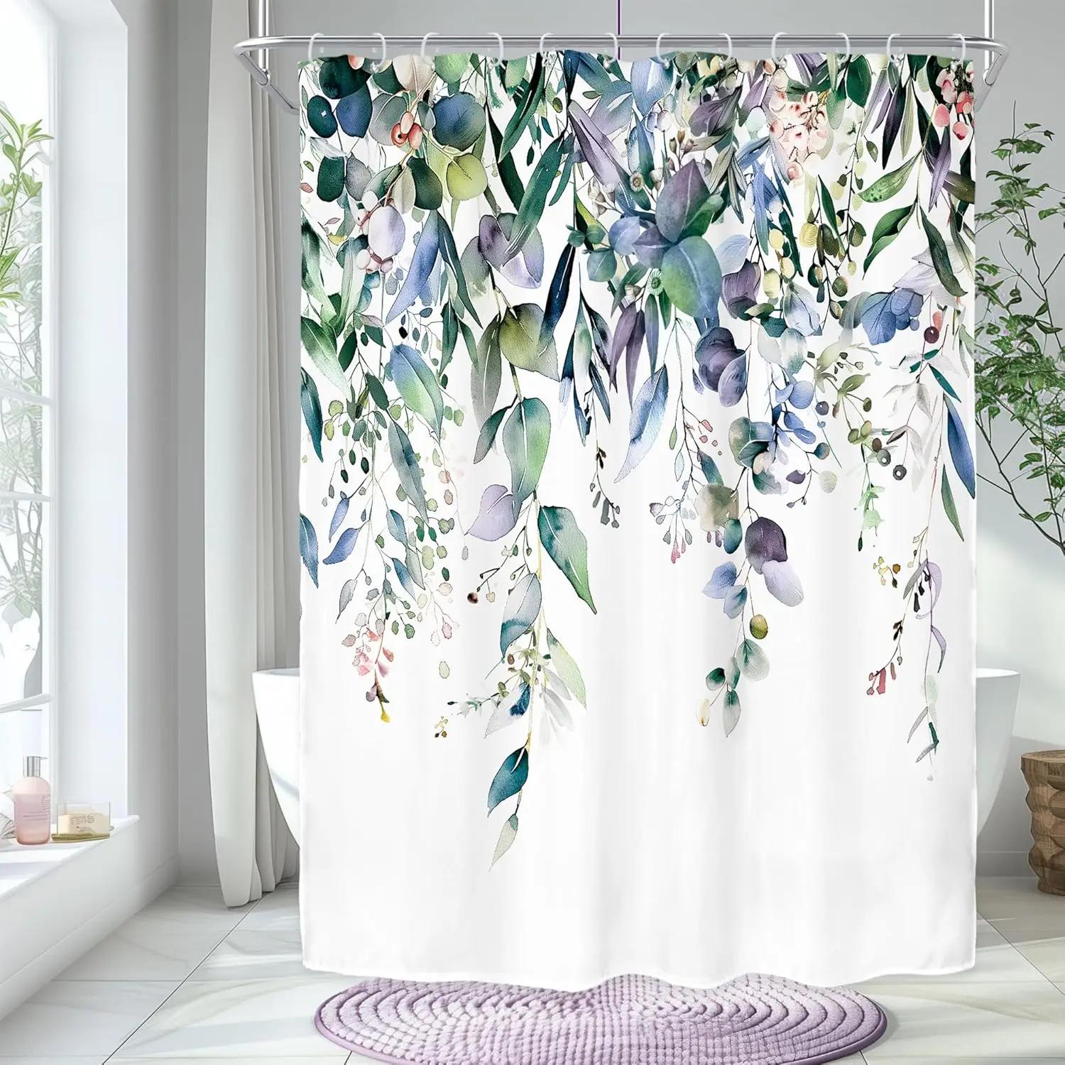 

Grey eucalyptus leaves shower curtain bathroom decor vintage botanical watercolor flowers garden plants natural grey art W90xH180cm