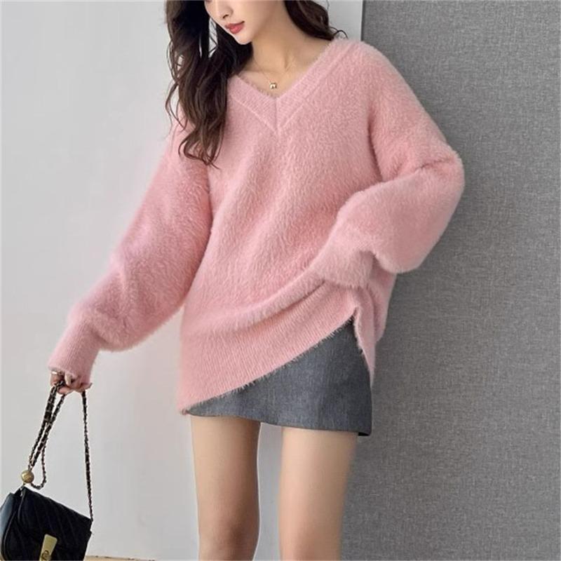 Milk wear imitation mink fleece collar soft waxy knitted sweater top women's autumn and winter new gentle wind sweater women's outer wear