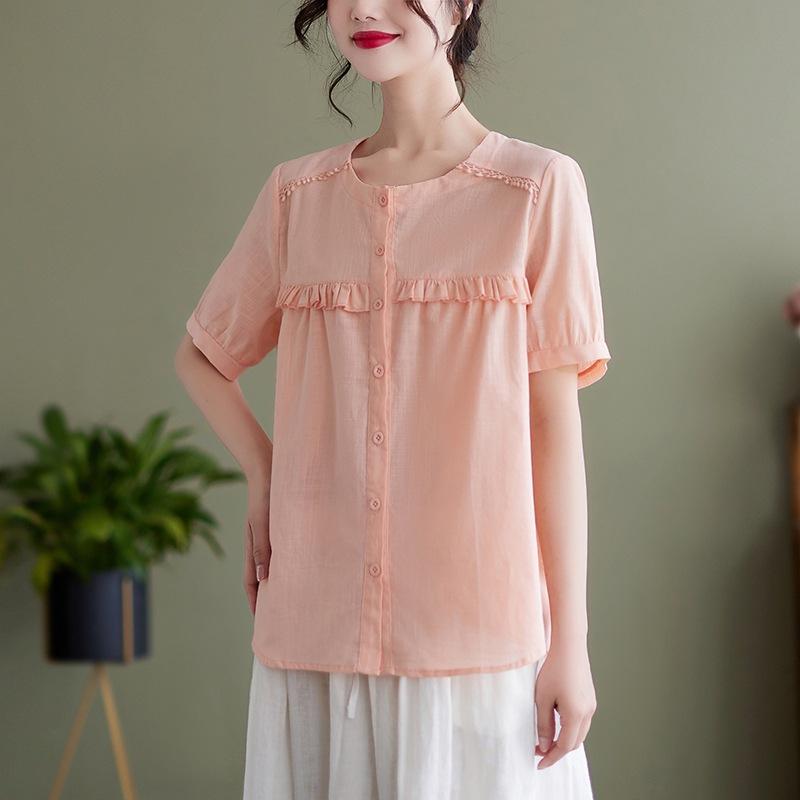 

2025 лето новая однотонная хлопково-льняная рубашка женская свободная и тонкая, омолаживающая, большого размера, с круглым вырезом, с коротким рукавом, кардиган-топ 3XL розовый