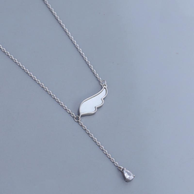 S925 Sterling Silber Weißer Perlmuttflügel Halskette High-End Wassertropfen Zirkon Fransen Anhänger Kalter Wind Einfache Schlüsselbein Kette