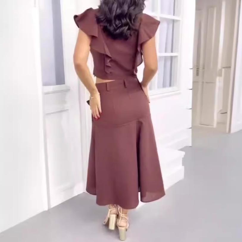 2024 European & American Summer Ruffle Sleeve Crop Top and High Waist Midi Skirt Set