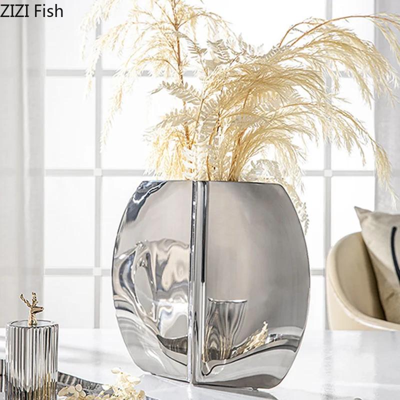 Silvery Geometry Vase Desk Decoration Flower Arrangement Artificial Flowers Decorative Floral Vases Room Aesthetic Decor