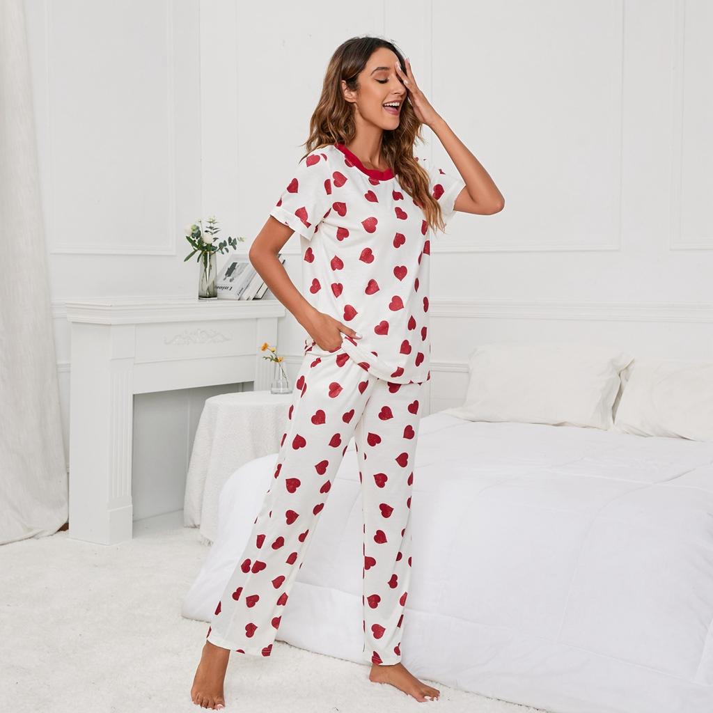 Plus Size Women's Summer Love Printed Round Neck T Shirt Casual Home Wear Set