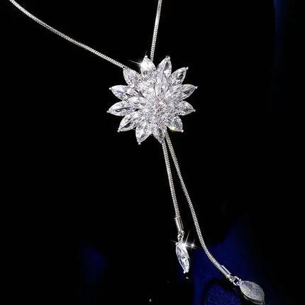 Snowflake Zircon Long Chain for Women Fashion Silver Color Crystal Maxi Necklaces & Pendants Statement Collier Jewelry