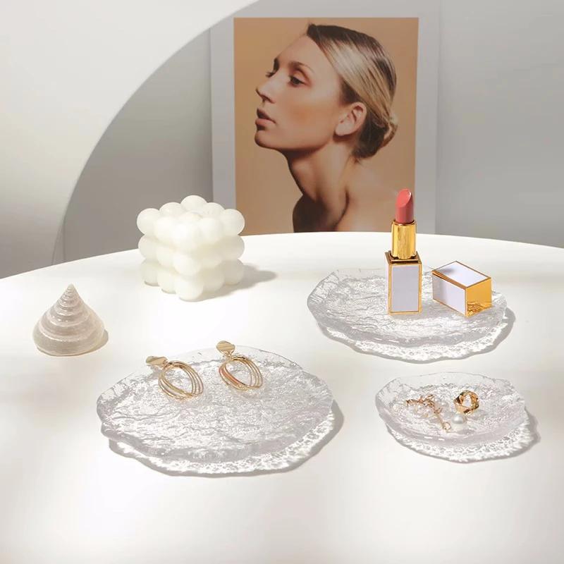 Transparent Glass Tray Decorative Jewelry Storage Trays Coffee Mug Fruit Dessert Cake Plates Desktop Room Decor Table Ornament