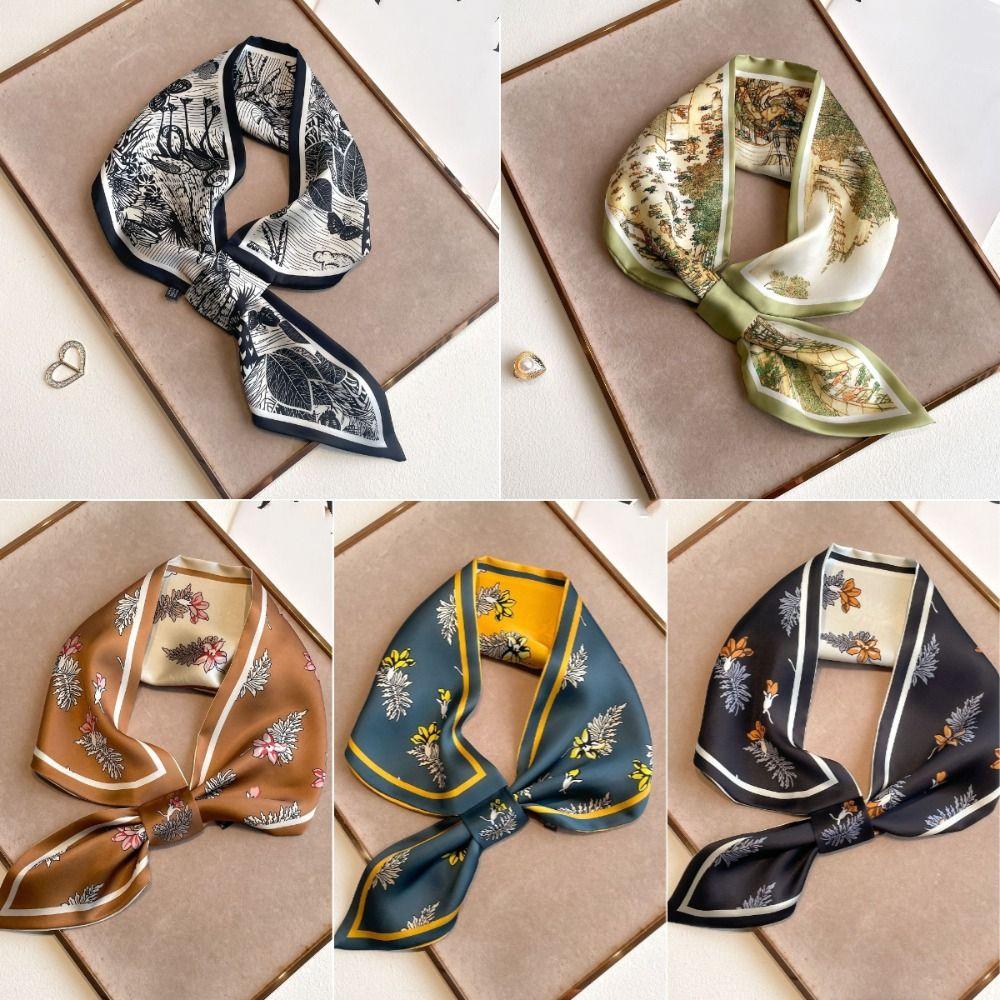 Multi-functional Women Silk Scarf Flower Print Ladies Neck Tie New Satin Silk Ribbons  Summer