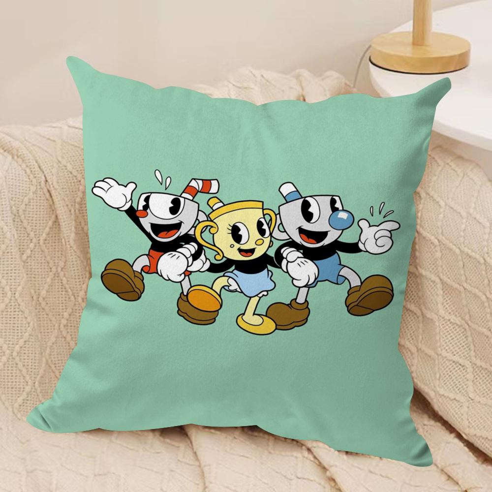 Game CCupheadS Cushion Cover Silky Short Plush DoubleSided Printed Pillow Case for Sofa All Seasons Home Decor Gift