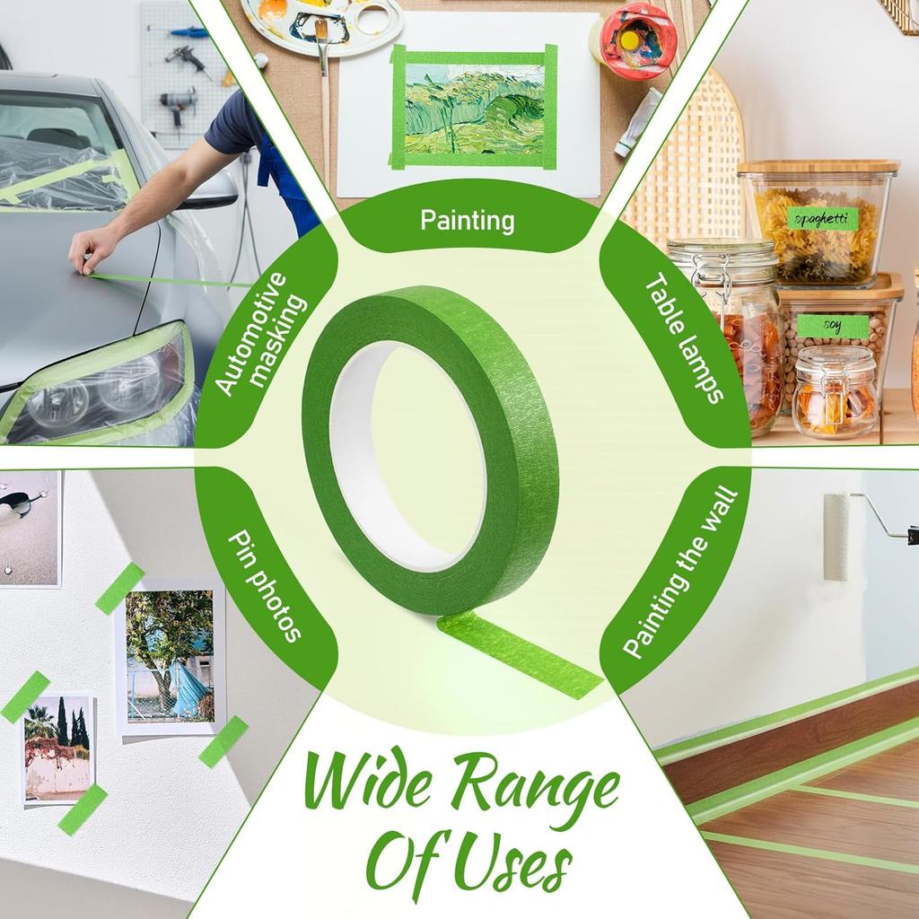 Green Painter's Masking Tape, 25m Roll, Easy Tear, Single Side Adhesive for Oil Painting and DIY