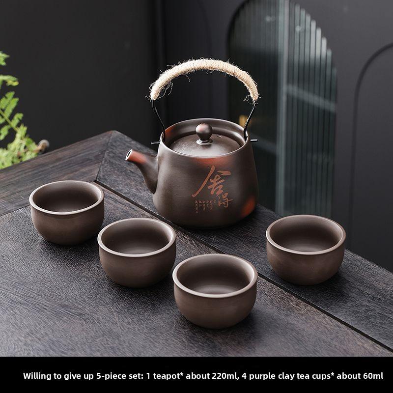 Purple Clay Teapot with Handle Handmade Travel Tea Set Including 1 Teapot  4 Cups Purple Clay Teacups Handheld Teapot