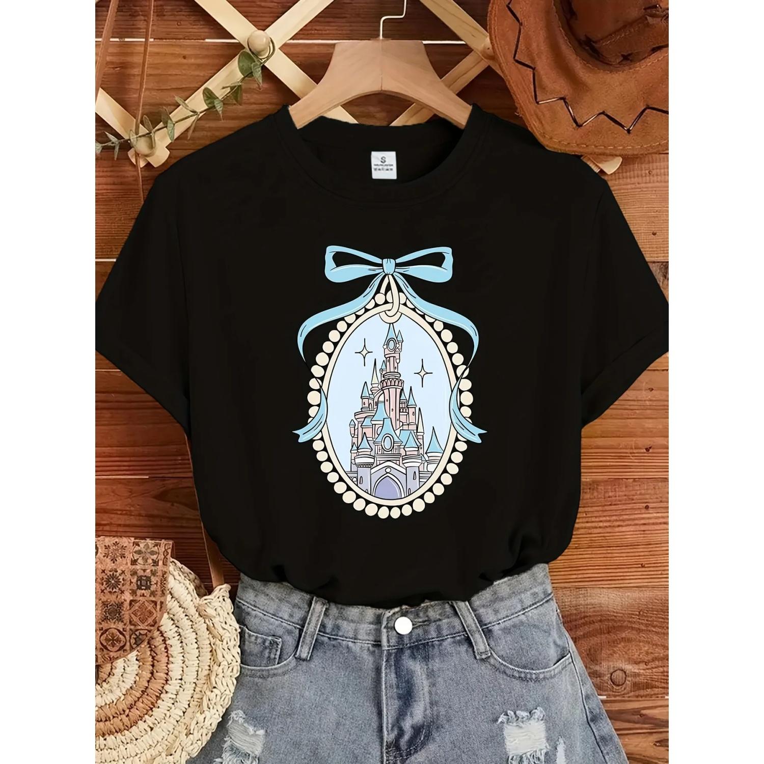 Круглая футболка с коротким рукавом и принтом «Замок в зеркале», повседневный и простой стиль, подходит для летней повседневной носки девочками S чёрный