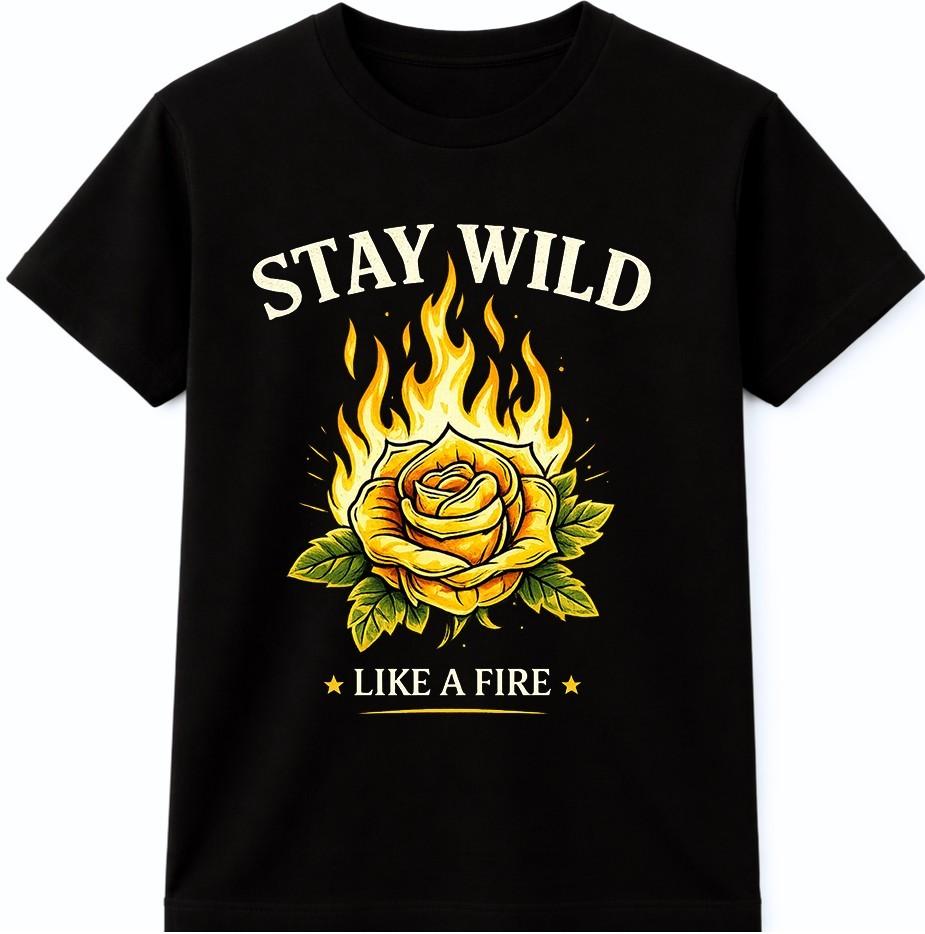 Stay Wild Like Fire T Shirt Flaming Rose Graphic Gothic Tattoo Style Tee S