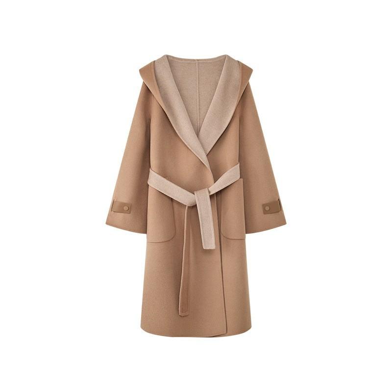 

] Ленивый ветрозащитный профиль средней длины и длинное кашемировое двустороннее пальто с капюшоном женское шерстяное пальто контрастного цвета L