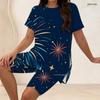 Women Plus Size Two Piece Outfit Crew Neck Short Sleeve Side Slit Top And Biker Shorts Geometric Graffiti Print Set