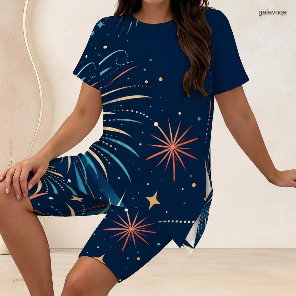 Women Plus Size Two Piece Outfit Crew Neck Short Sleeve Side Slit Top And Biker Shorts Geometric Graffiti Print Set