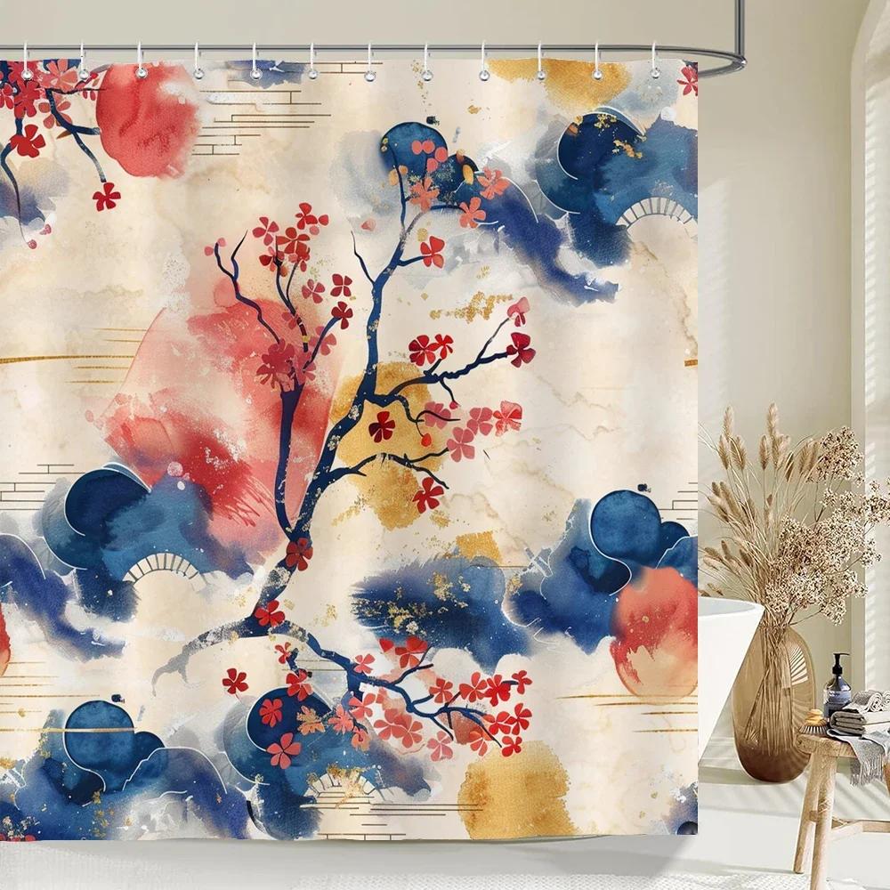 Waterproof Polyester Fabric Shower Curtain Japanese-Style Waves Samurai Landscape 3D Printing Bathroom Decor Shower Curtains