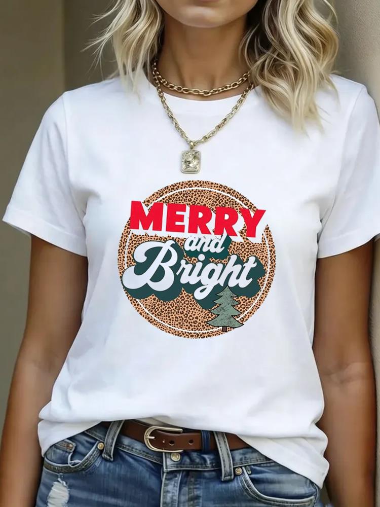 (Asian Size) tree watercolor  T Shirt Print Casual New Year Short Sleeve T-shirts Merry Christmas Fashion Women's Top O-neck Clothing Graphic Tee
