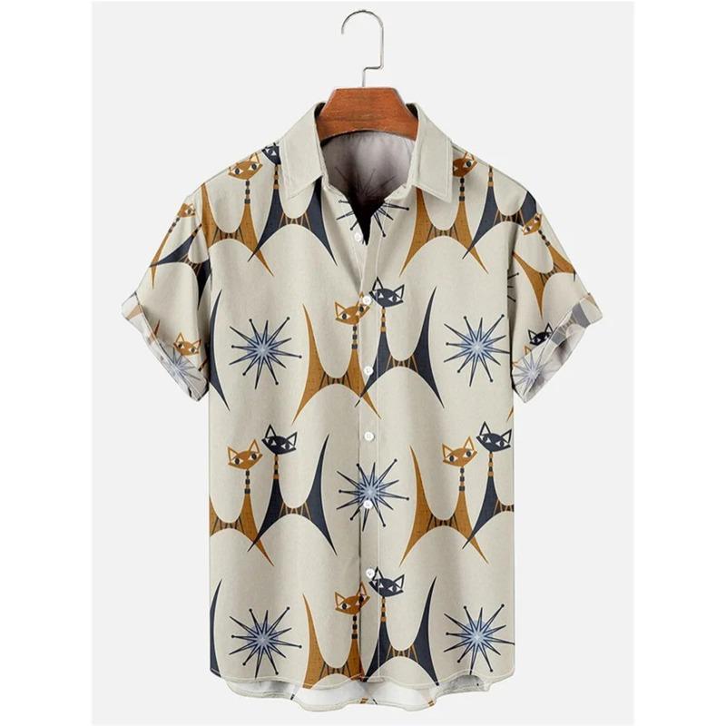 Abstract Cat Print Men's Short Sleeve Shirt Hawaiian Men's Fashion Lapel Top Plus Size Casual Men's Shirt